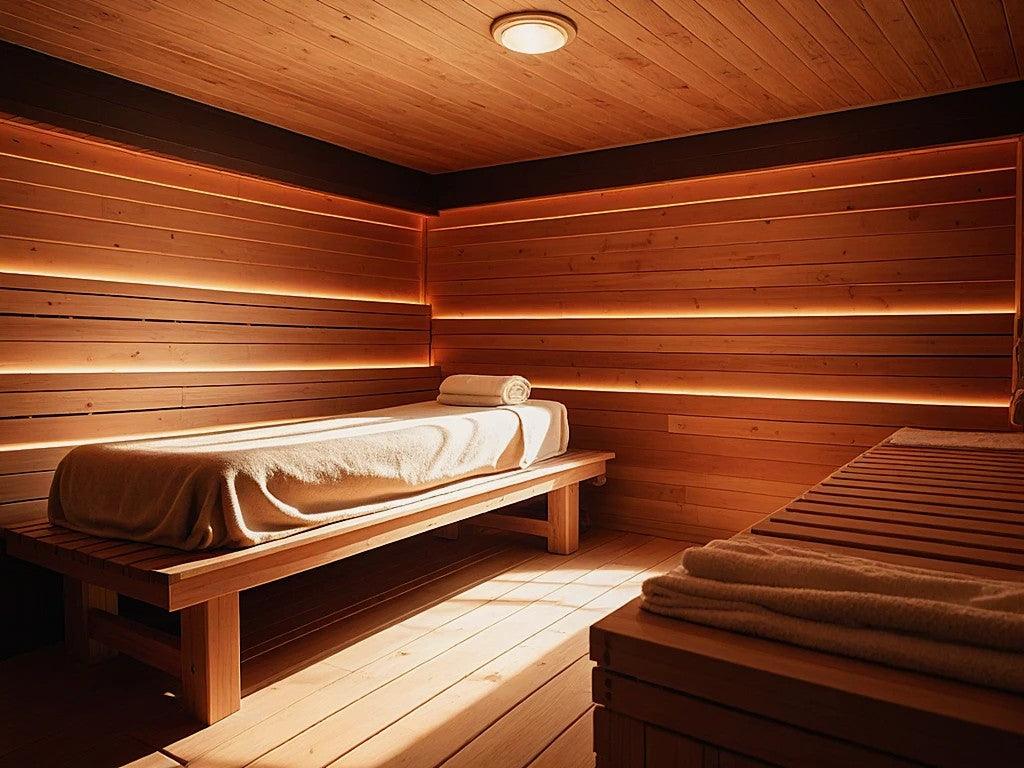 Serene wellness space featuring both a sauna and a massage area, highlighting the synergy between sauna heat therapy and massage for relaxation and recovery