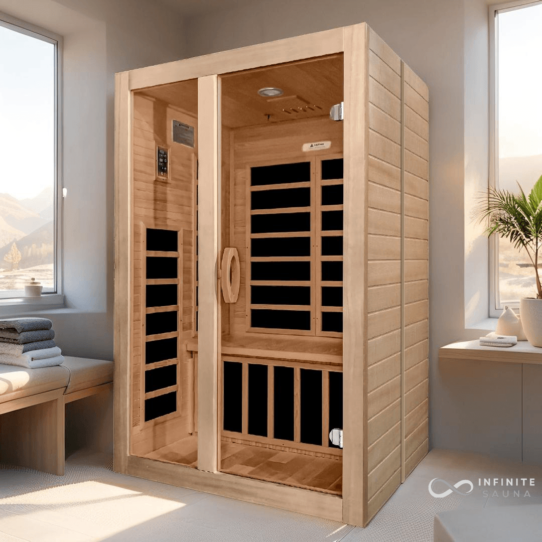 Dynamic Saunas Santiago – 2 Person Indoor Infrared Sauna – Hemlock, Bluetooth, Chromotherapy