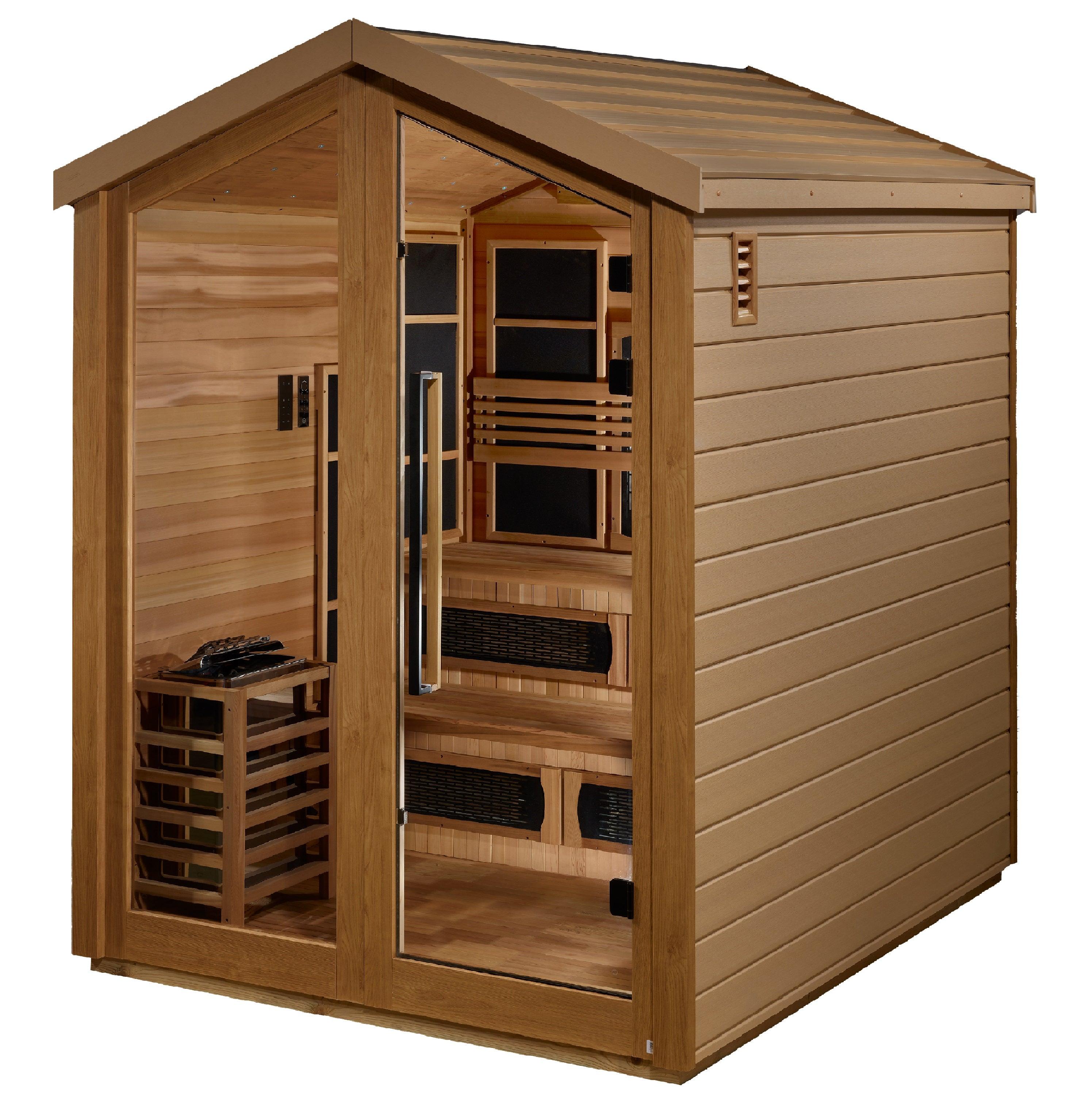 Golden Designs Kaskinen 6-Person Hybrid Outdoor Sauna with Full Spectrum Infrared and Traditional Stove