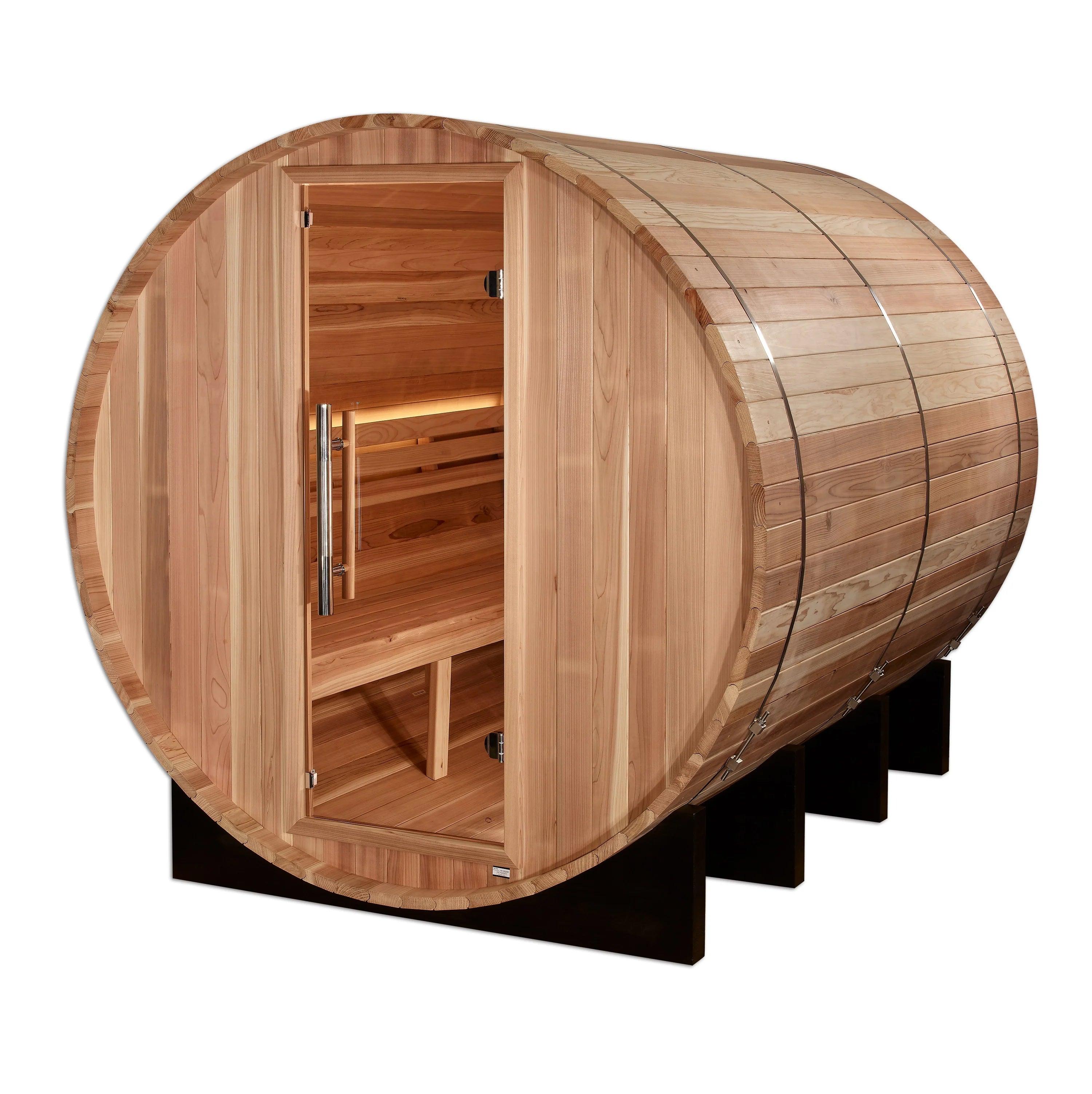 Golden Designs Klosters Edition – 6-Person Outdoor Traditional Barrel Sauna – Pacific Cedar, Harvia 8kW Stove, Accent Lighting