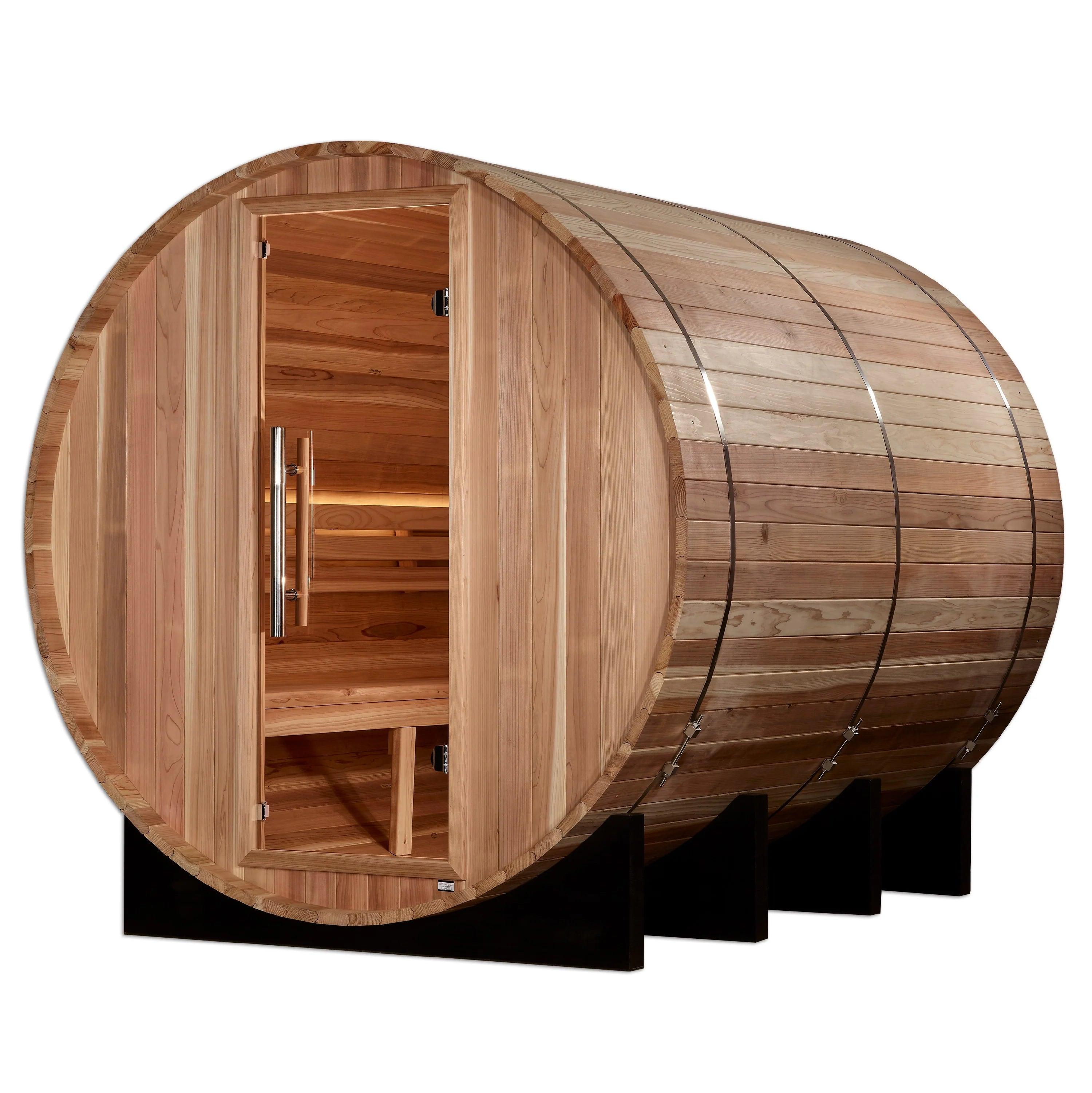 Golden Designs Klosters Edition – 6-Person Outdoor Traditional Barrel Sauna – Pacific Cedar, Harvia 8kW Stove, Accent Lighting
