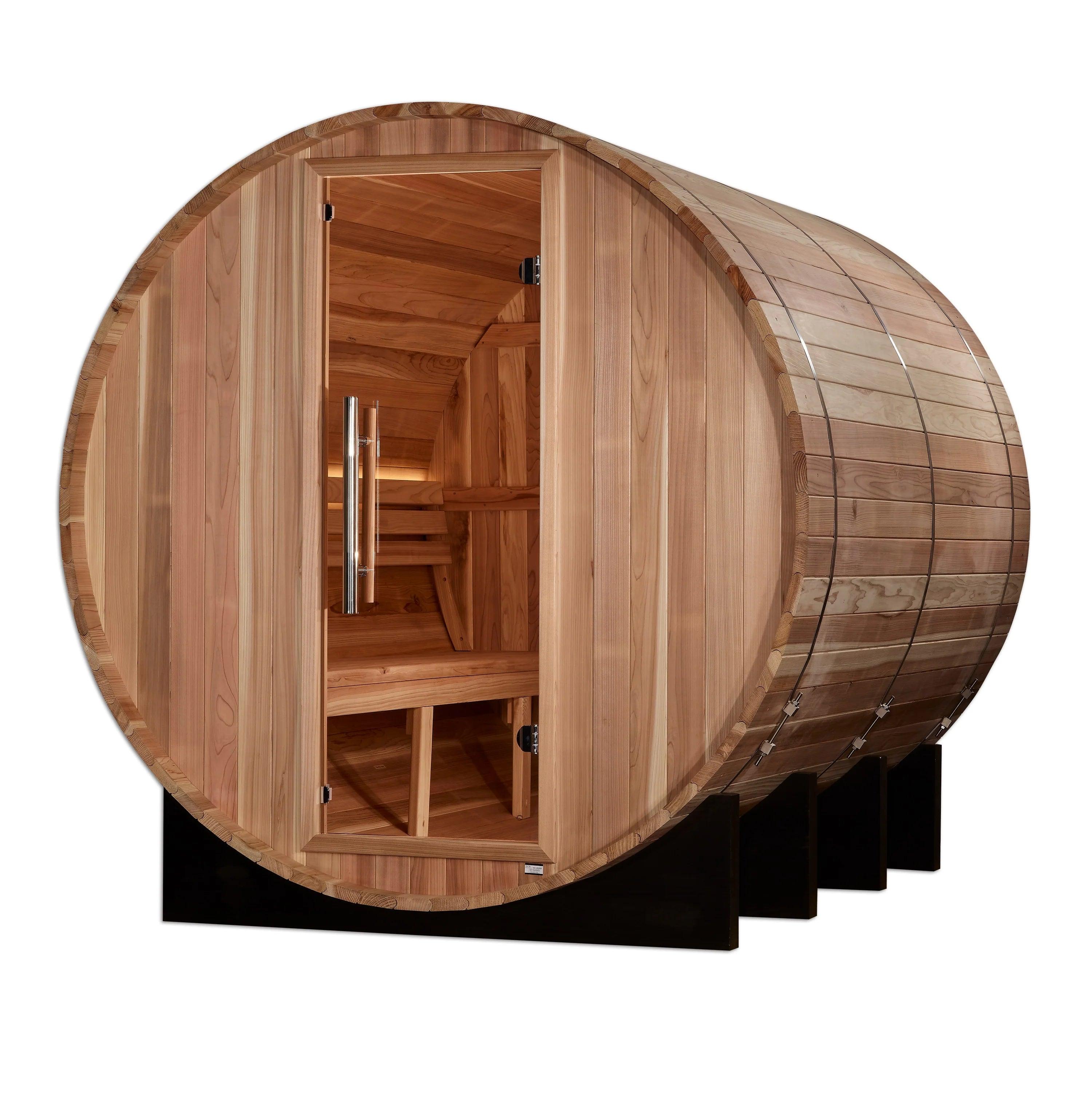 Golden Designs Klosters Edition – 6-Person Outdoor Traditional Barrel Sauna – Pacific Cedar, Harvia 8kW Stove, Accent Lighting