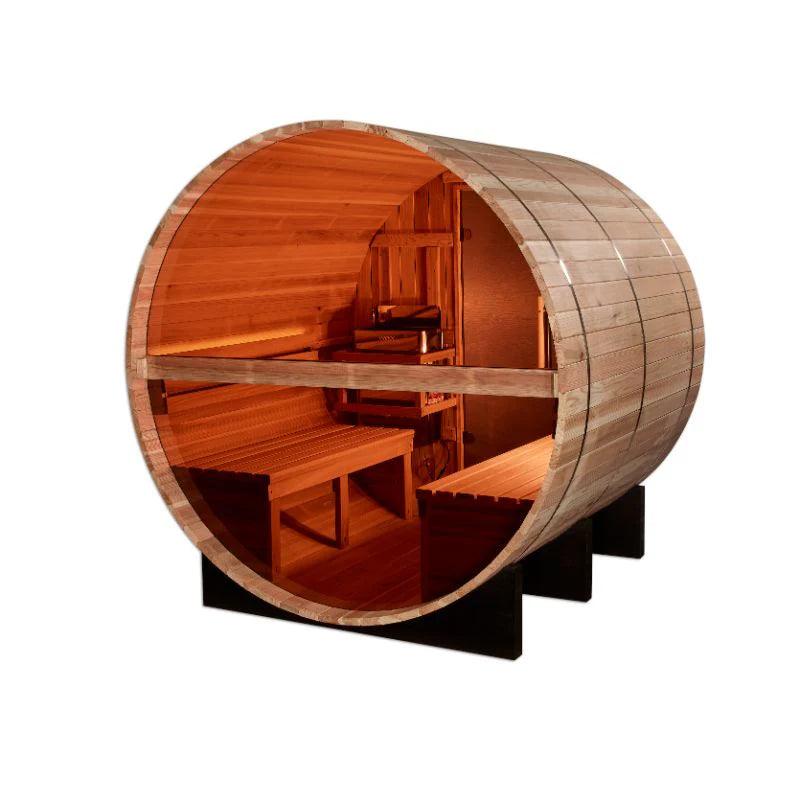 Golden Designs "Zurich" 4-Person Barrel Traditional Sauna with Bronze Privacy View – Pacific Cedar