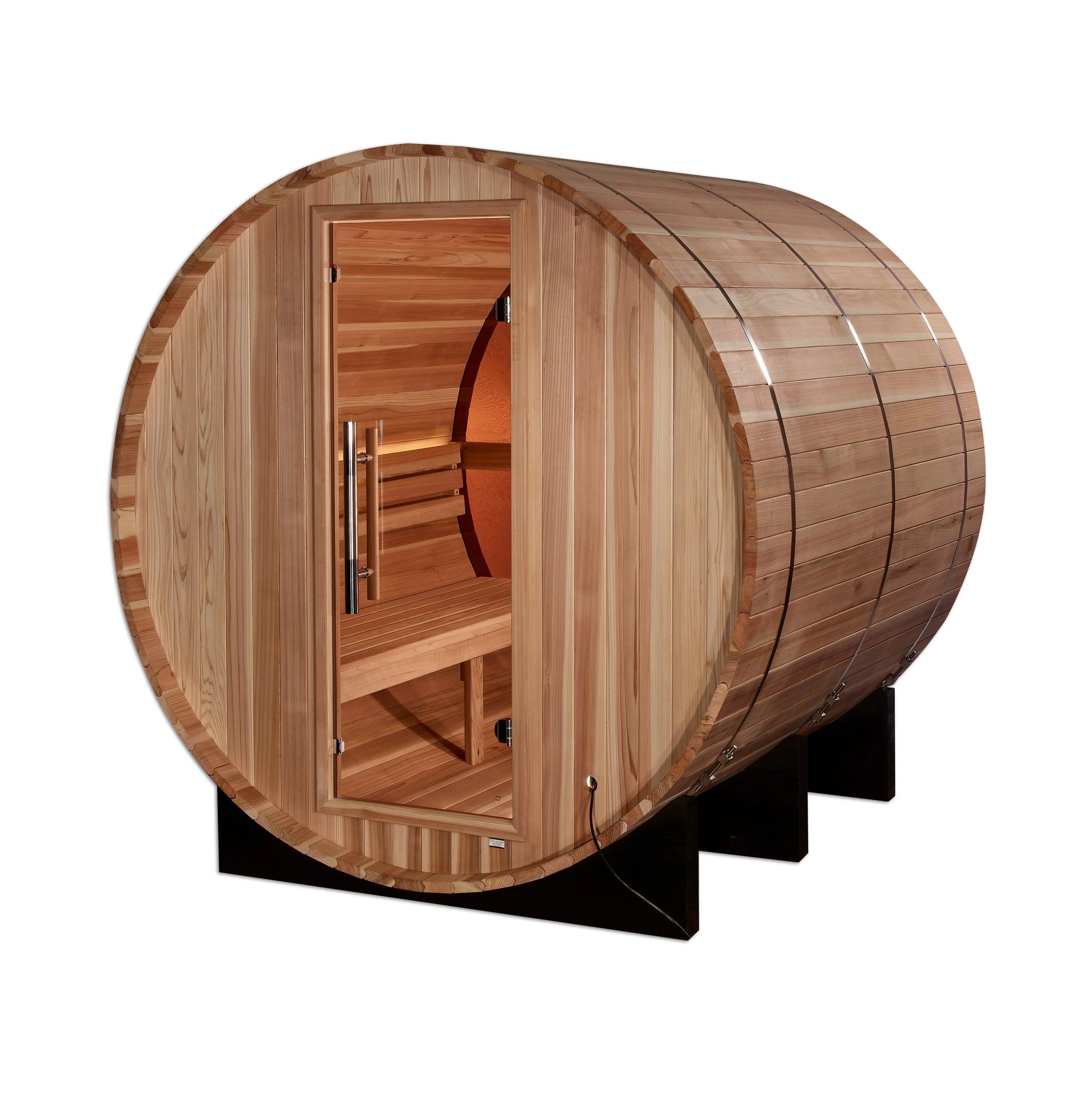 Golden Designs "Zurich" 4-Person Barrel Traditional Sauna with Bronze Privacy View – Pacific Cedar