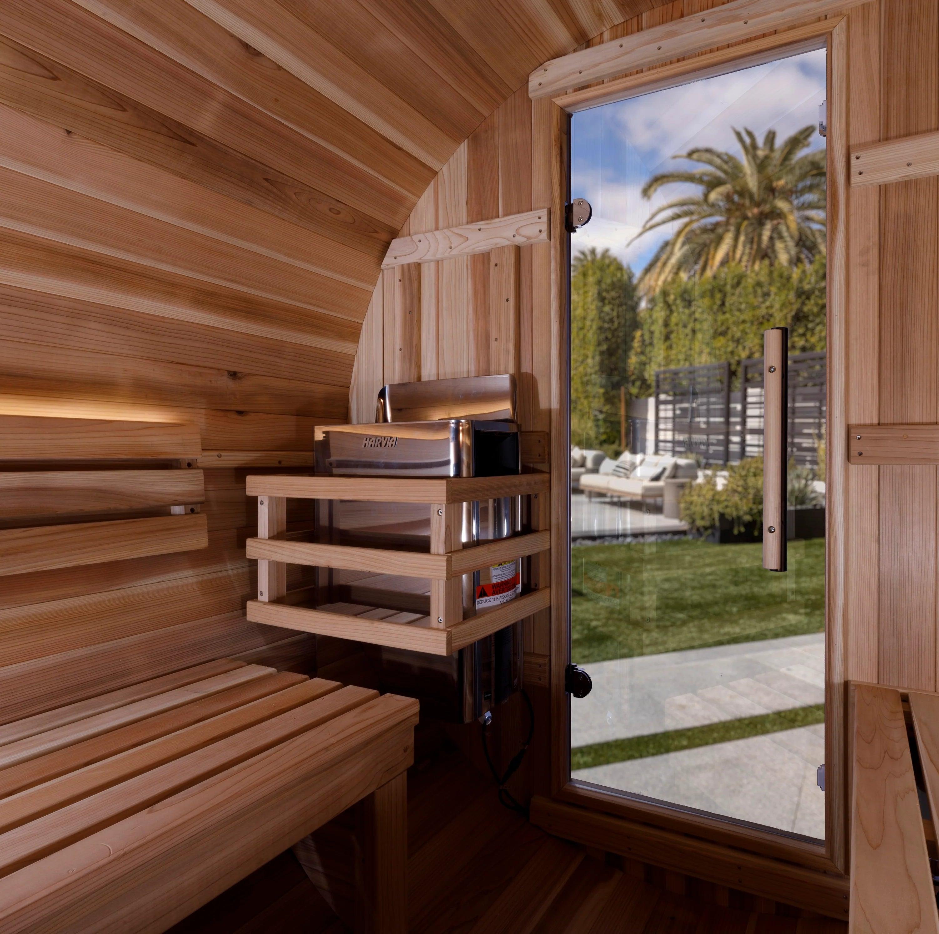 Golden Designs "Zurich" 4-Person Barrel Traditional Sauna with Bronze Privacy View – Pacific Cedar