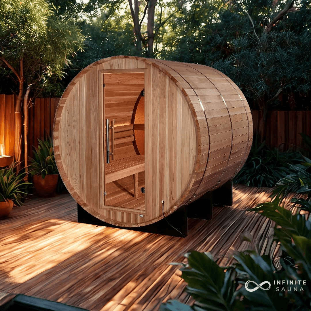 Golden Designs "Zurich" 4-Person Barrel Traditional Sauna with Bronze Privacy View – Pacific Cedar