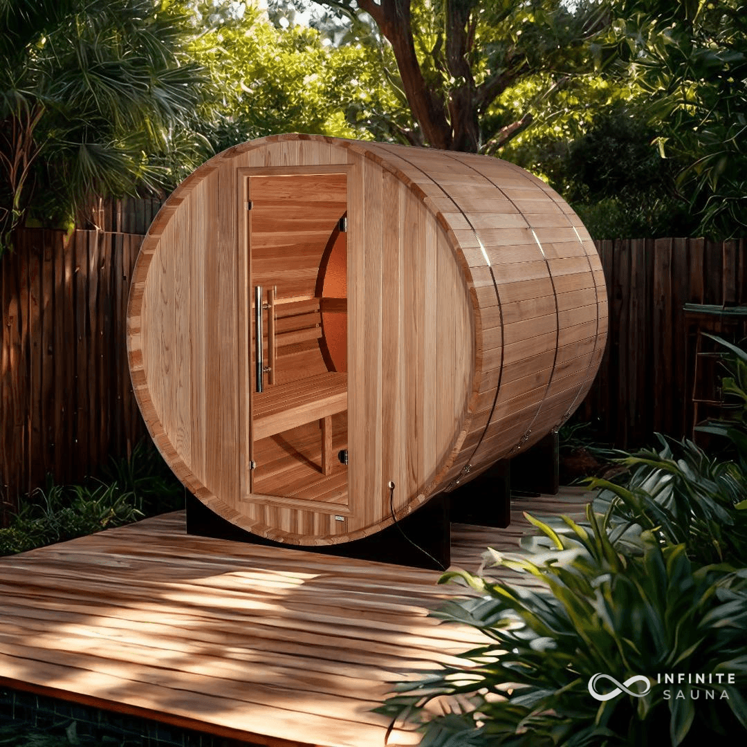 Golden Designs "Zurich" 4-Person Barrel Traditional Sauna with Bronze Privacy View – Pacific Cedar