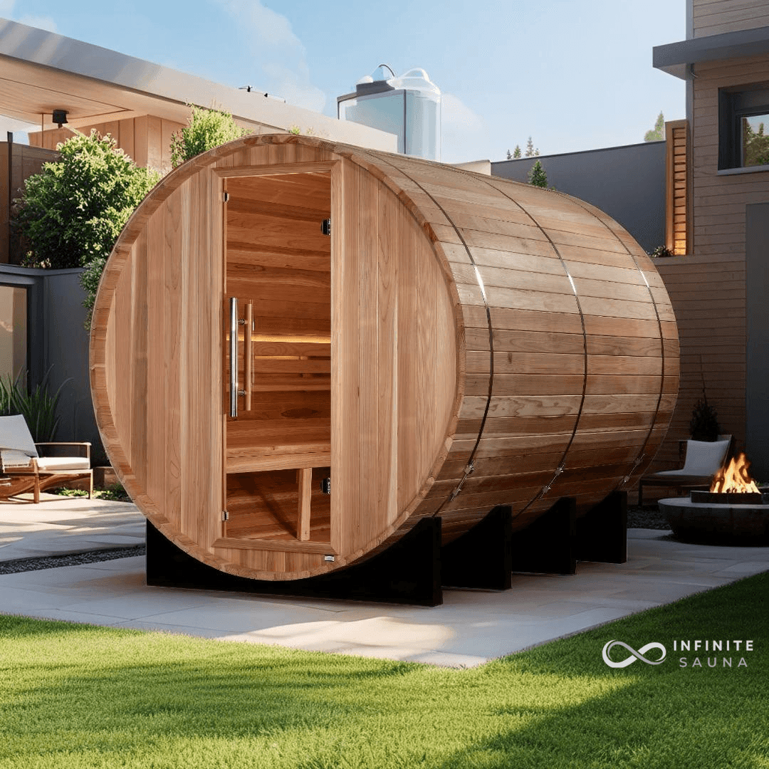Golden Designs Klosters Edition – 6-Person Outdoor Traditional Barrel Sauna – Pacific Cedar, Harvia 8kW Stove, Accent Lighting