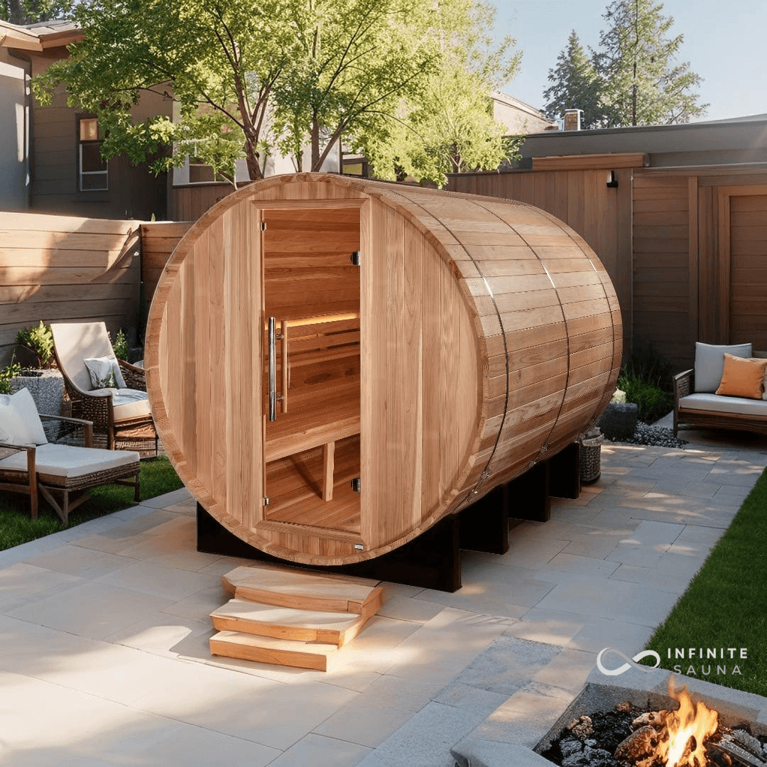 Golden Designs Klosters Edition – 6-Person Outdoor Traditional Barrel Sauna – Pacific Cedar, Harvia 8kW Stove, Accent Lighting