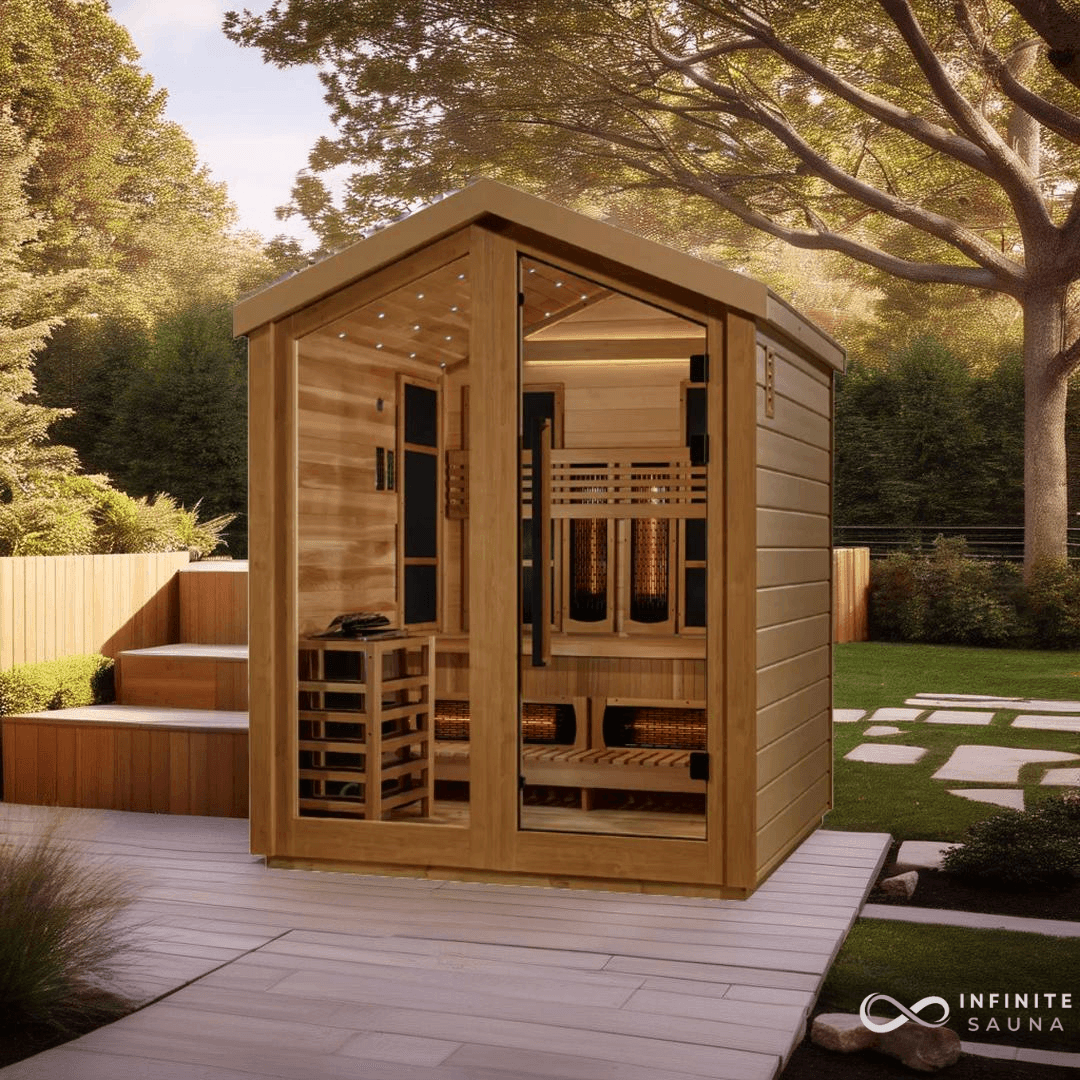 Golden Designs Loviisa 3 Person Hybrid Outdoor Sauna with Full Spectrum Infrared and Traditional Stove