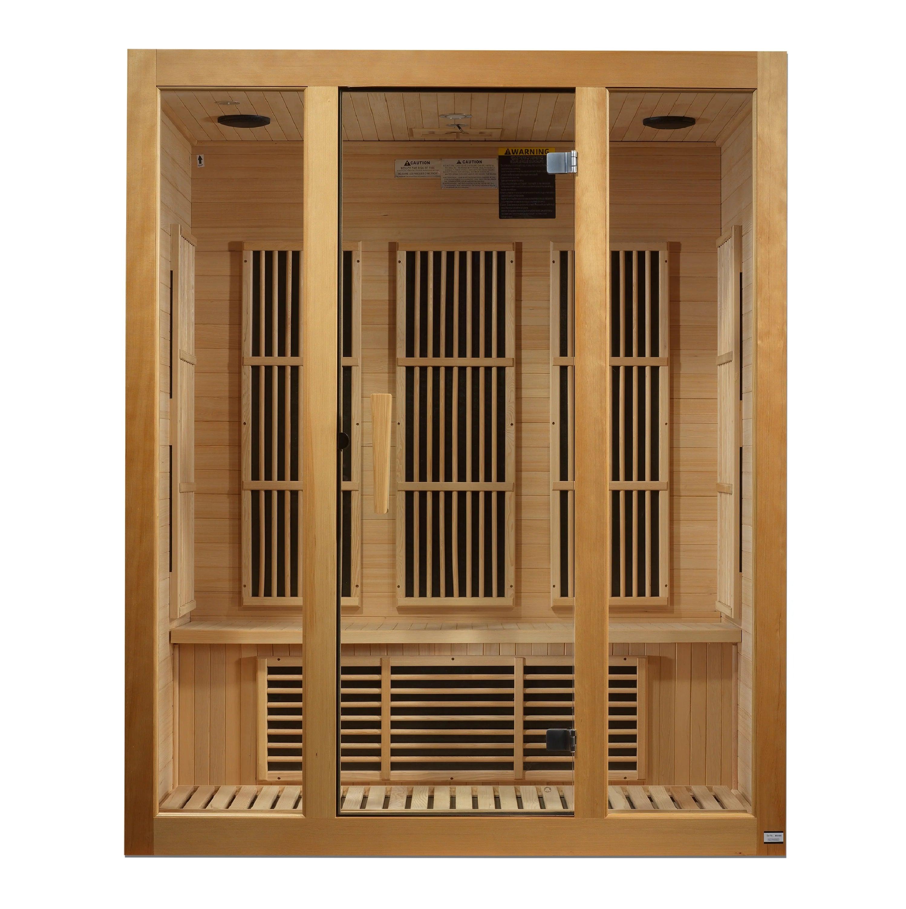 Maxxus "Bellevue" 3-Person Indoor Near Zero EMF FAR Infrared Sauna – Canadian Hemlock, Chromotherapy Lighting, Bluetooth Audio