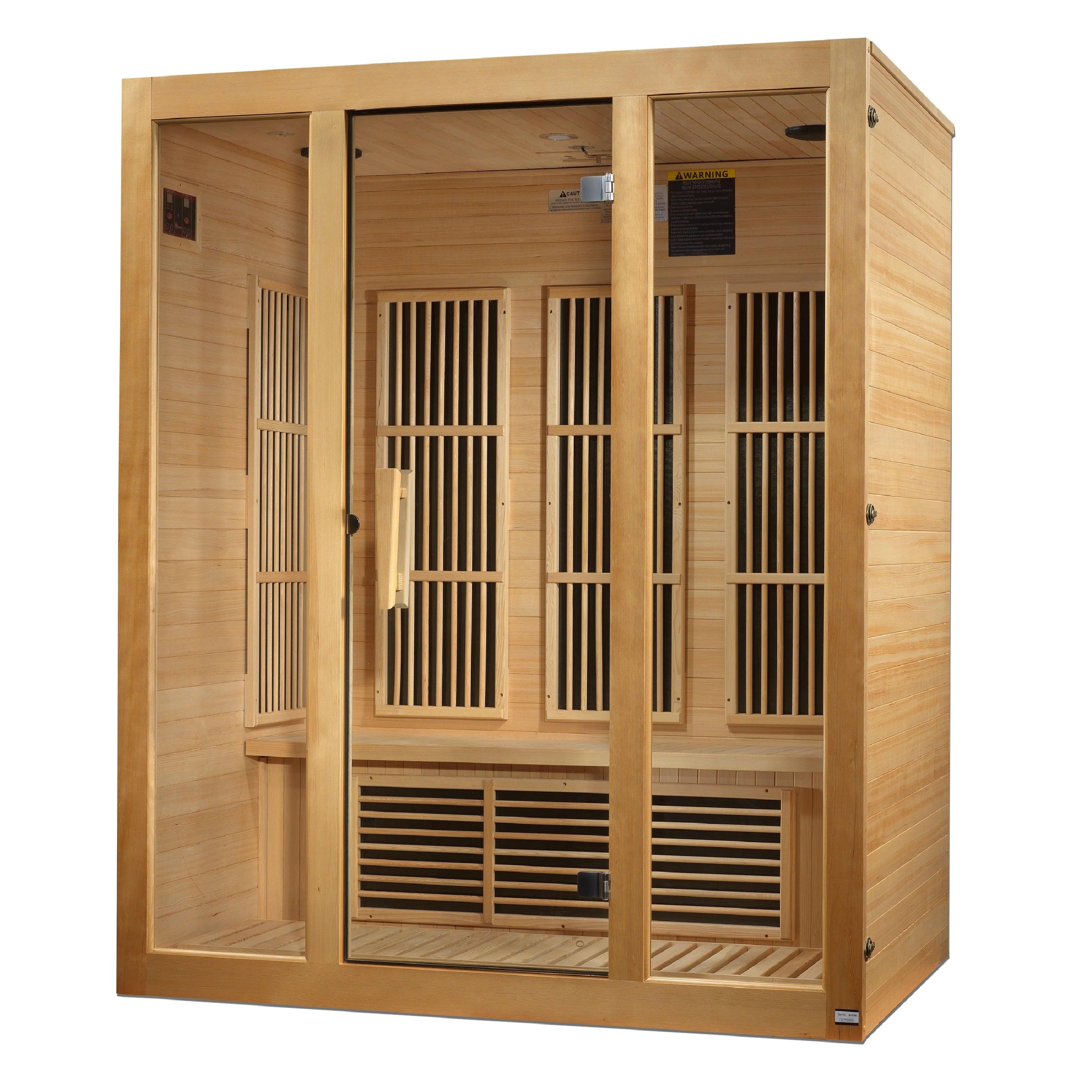 Maxxus "Bellevue" 3-Person Indoor Near Zero EMF FAR Infrared Sauna – Canadian Hemlock, Chromotherapy Lighting, Bluetooth Audio