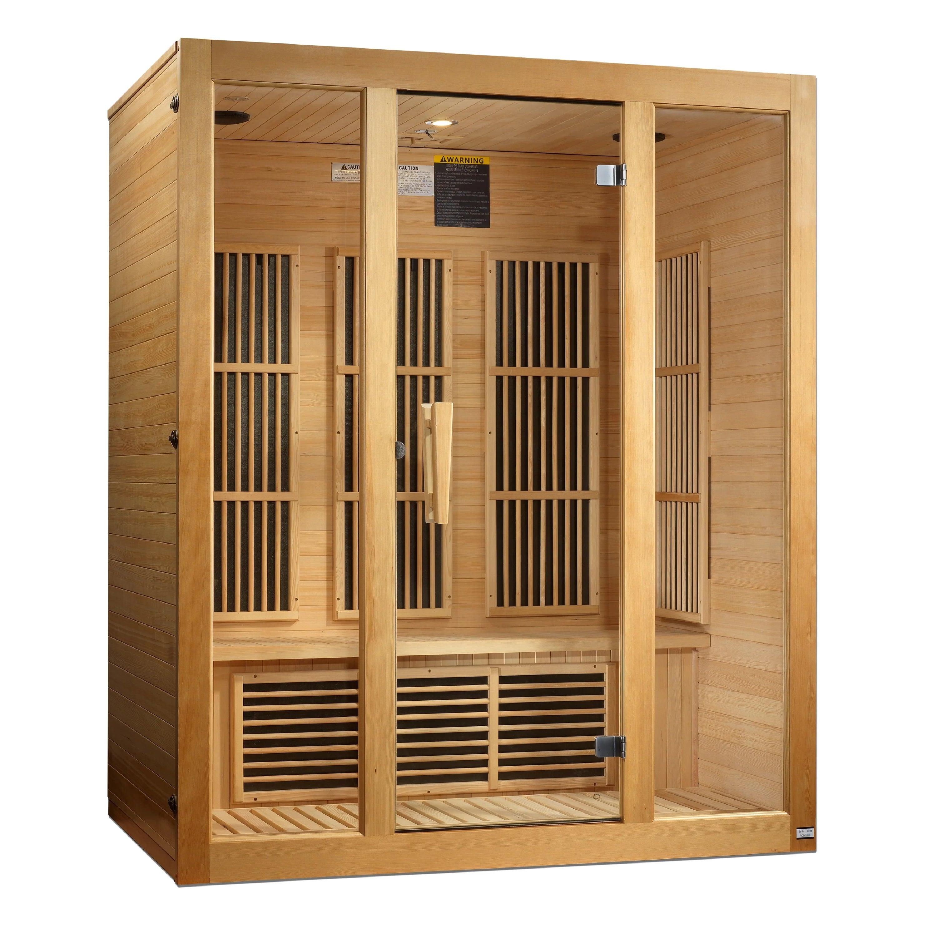 Maxxus "Bellevue" 3-Person Indoor Near Zero EMF FAR Infrared Sauna – Canadian Hemlock, Chromotherapy Lighting, Bluetooth Audio