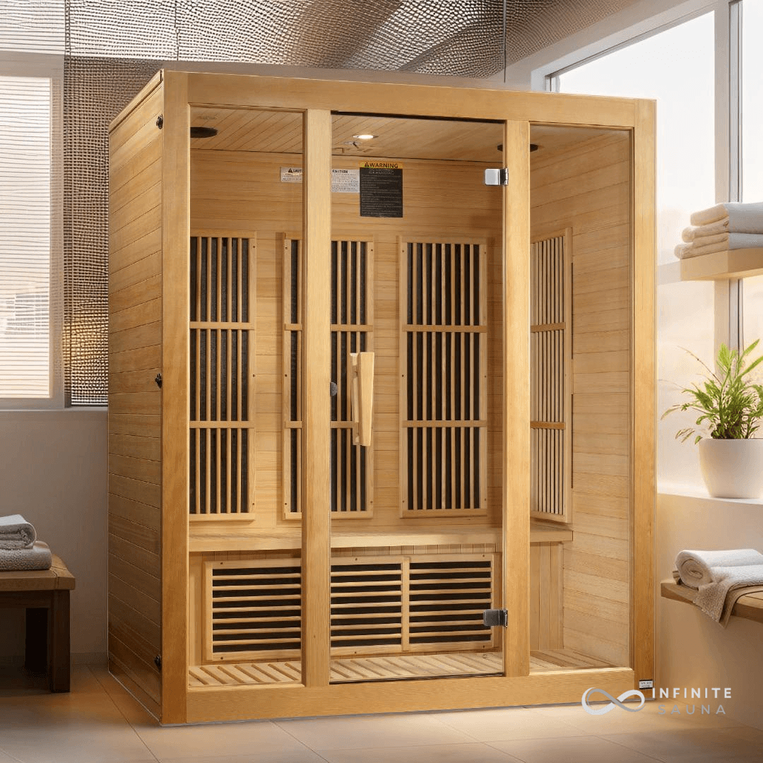 Maxxus "Bellevue" 3-Person Indoor Near Zero EMF FAR Infrared Sauna – Canadian Hemlock, Chromotherapy Lighting, Bluetooth Audio