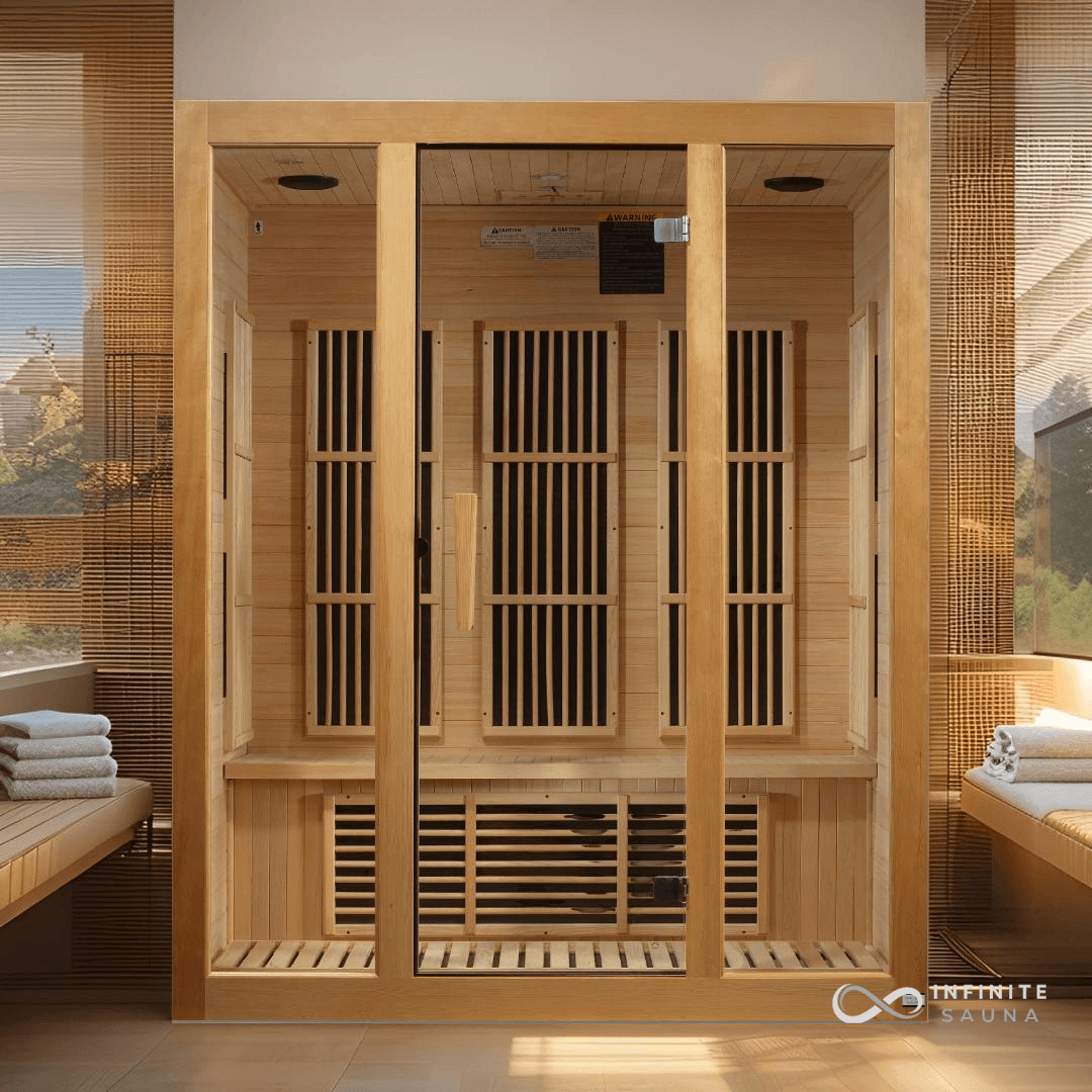 Maxxus "Bellevue" 3-Person Indoor Near Zero EMF FAR Infrared Sauna – Canadian Hemlock, Chromotherapy Lighting, Bluetooth Audio