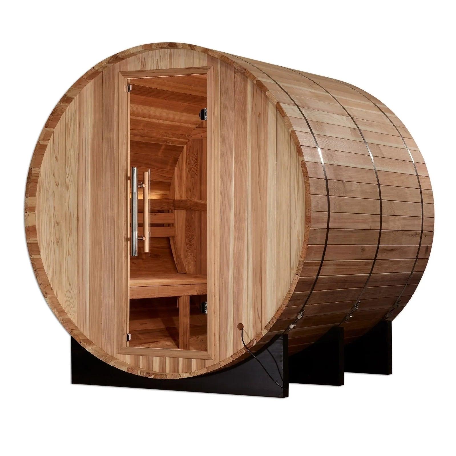 Golden Designs Arosa – 4-Person Outdoor Traditional Barrel Sauna with Harvia Stove