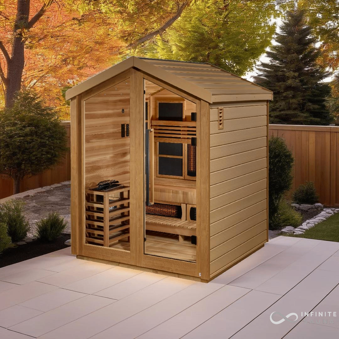 Golden Designs Loviisa 3 Person Hybrid Outdoor Sauna with Full Spectrum Infrared and Traditional Stove