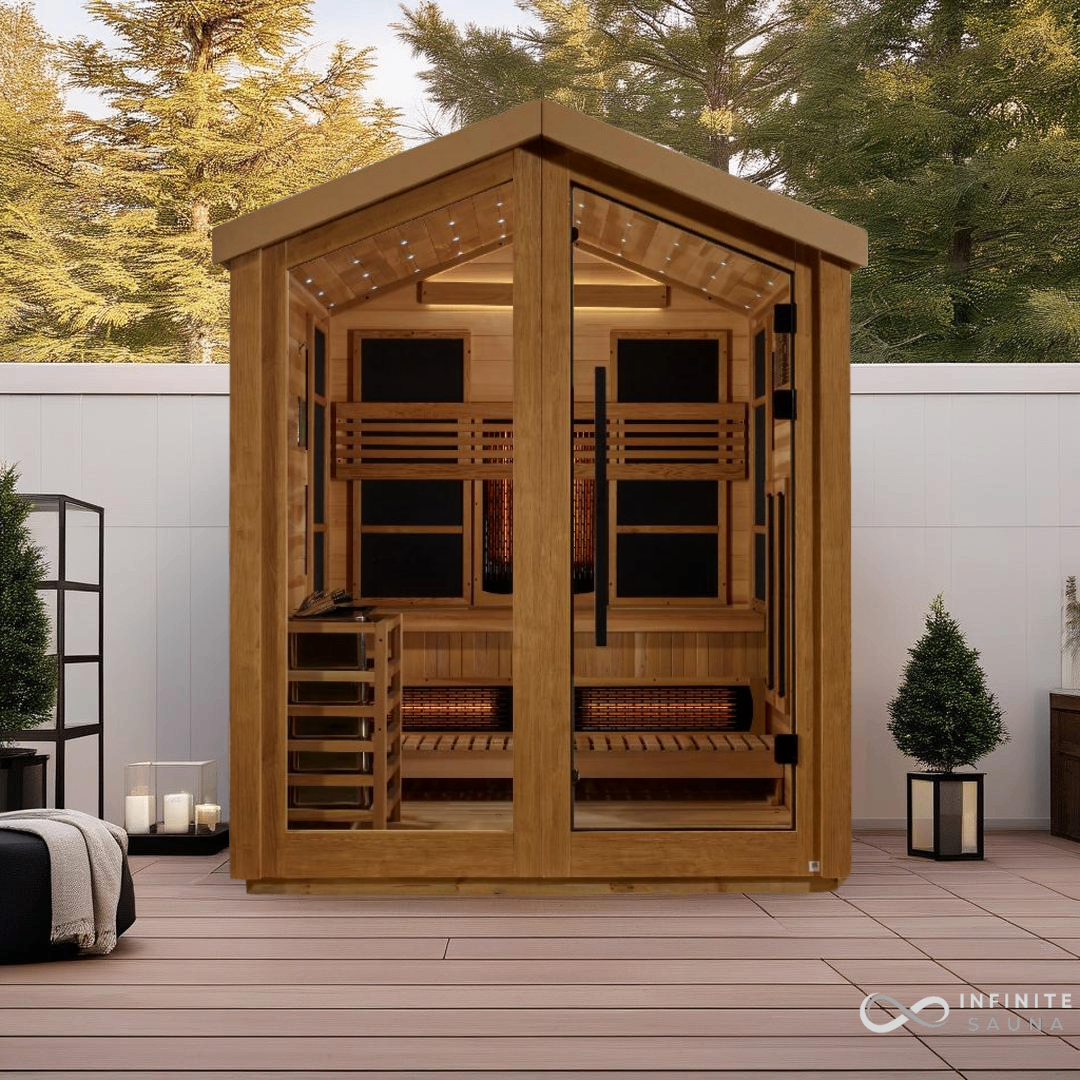 Golden Designs Loviisa 3 Person Hybrid Outdoor Sauna with Full Spectrum Infrared and Traditional Stove